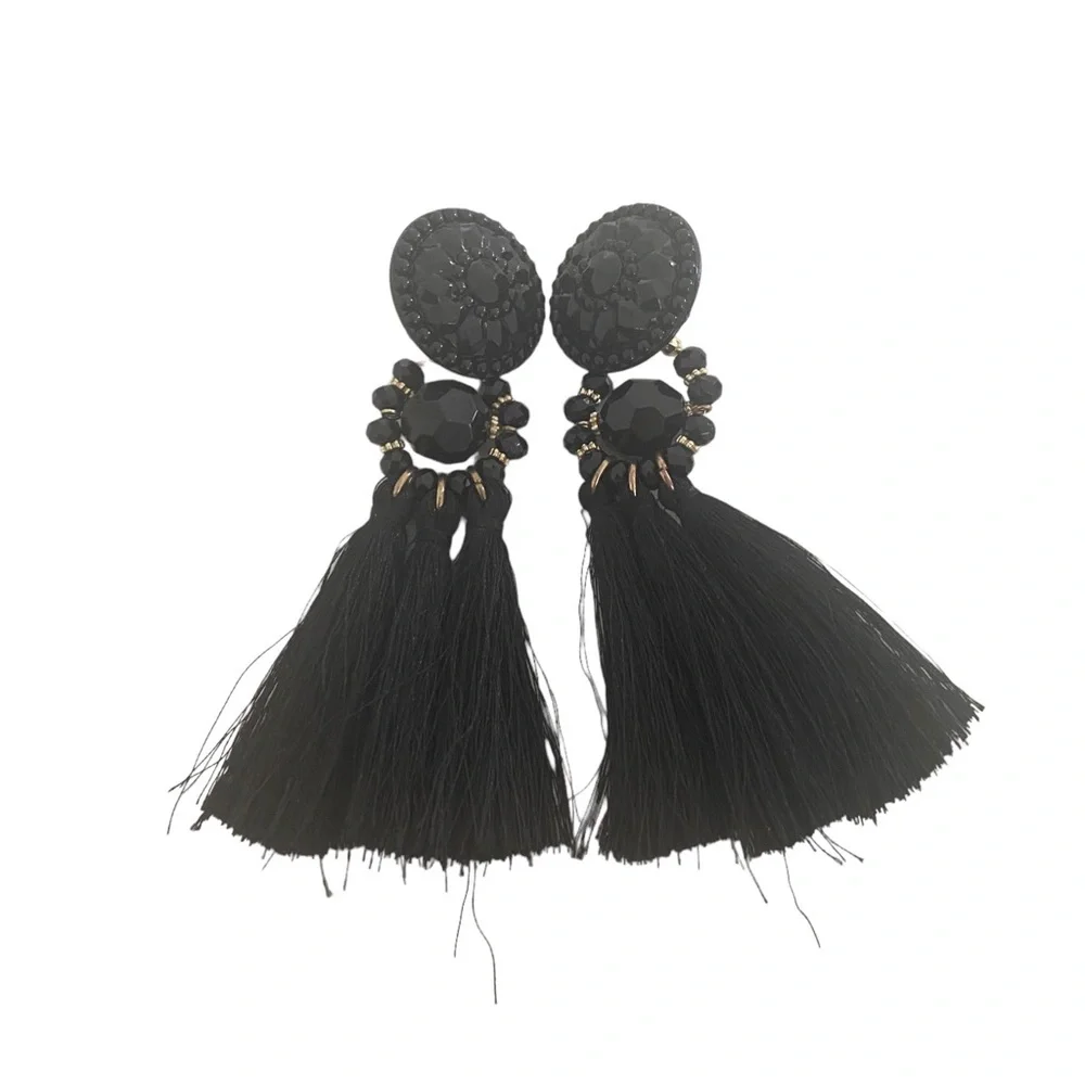Black statement earrings fringe tassel oversized